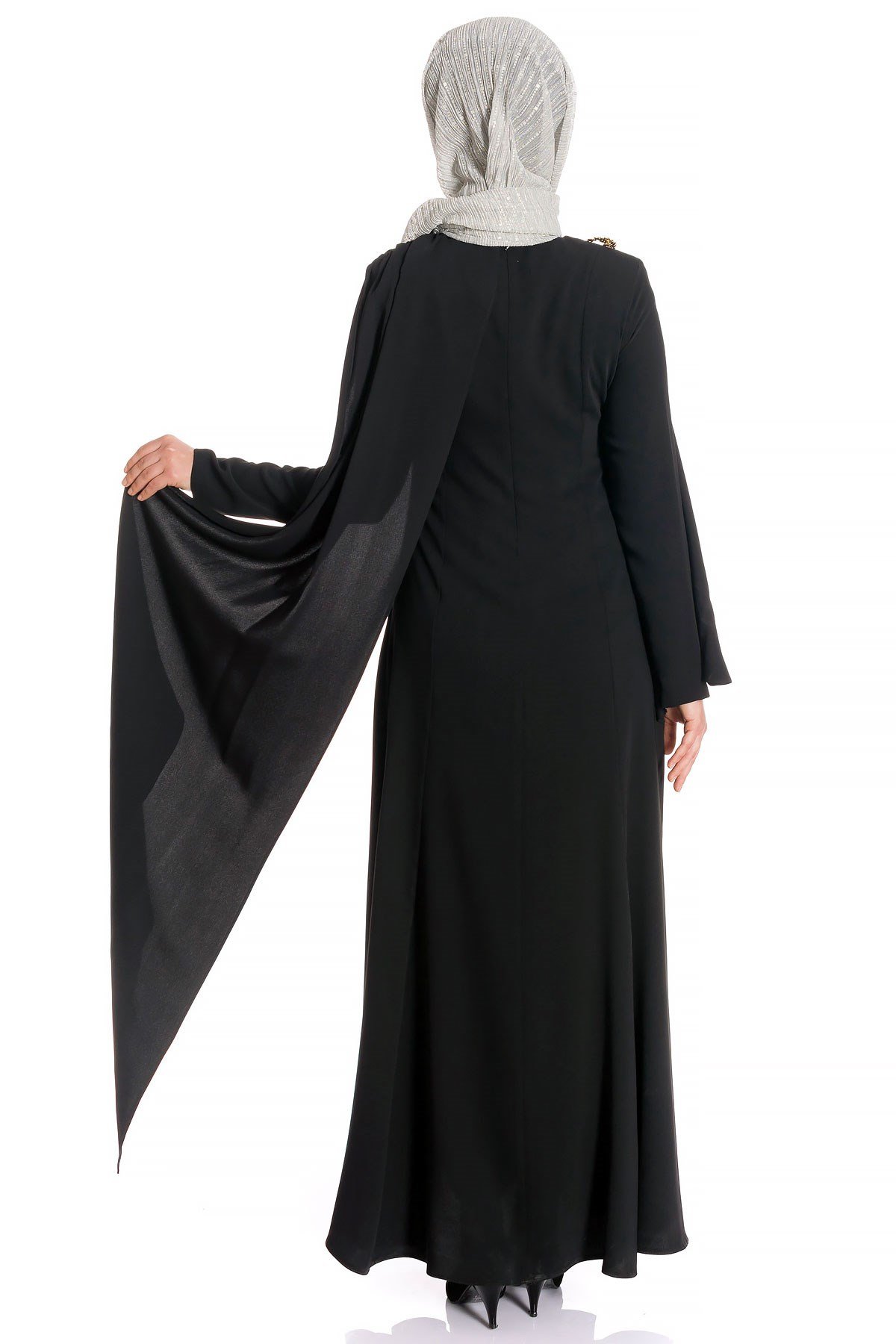 Beyza-Broche Robe de Soirée Modeste Noire Détaillée
