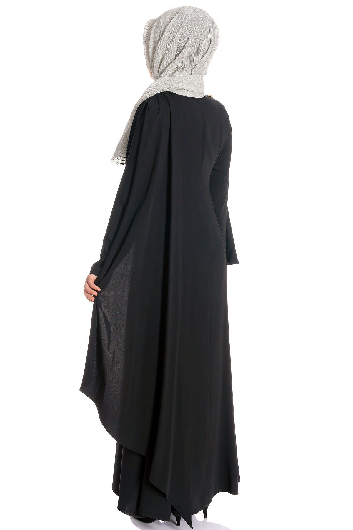 Beyza-Broche Robe de Soirée Modeste Noire Détaillée
