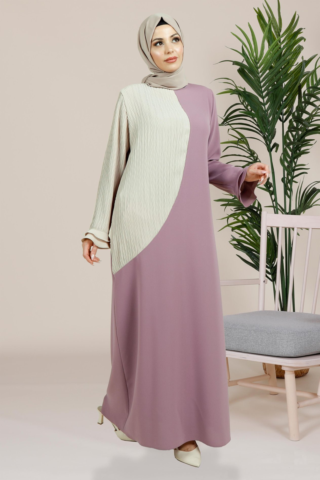 Beyza-CAHİDE ELBİSE LİLA KUM KREP
