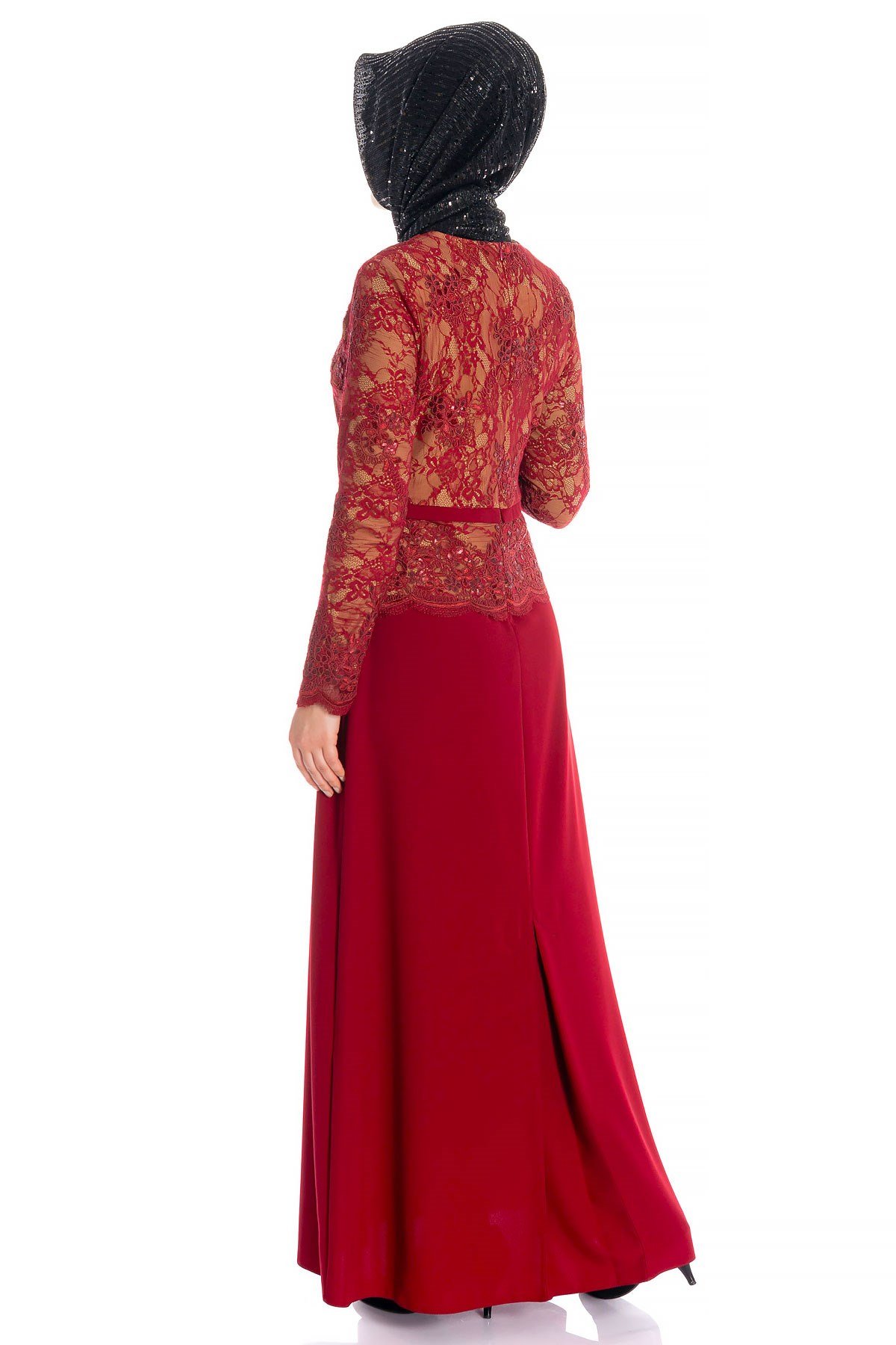 Beyza-Dantelli Kemerli Bordo Tesettür Abiye Elbise 0491