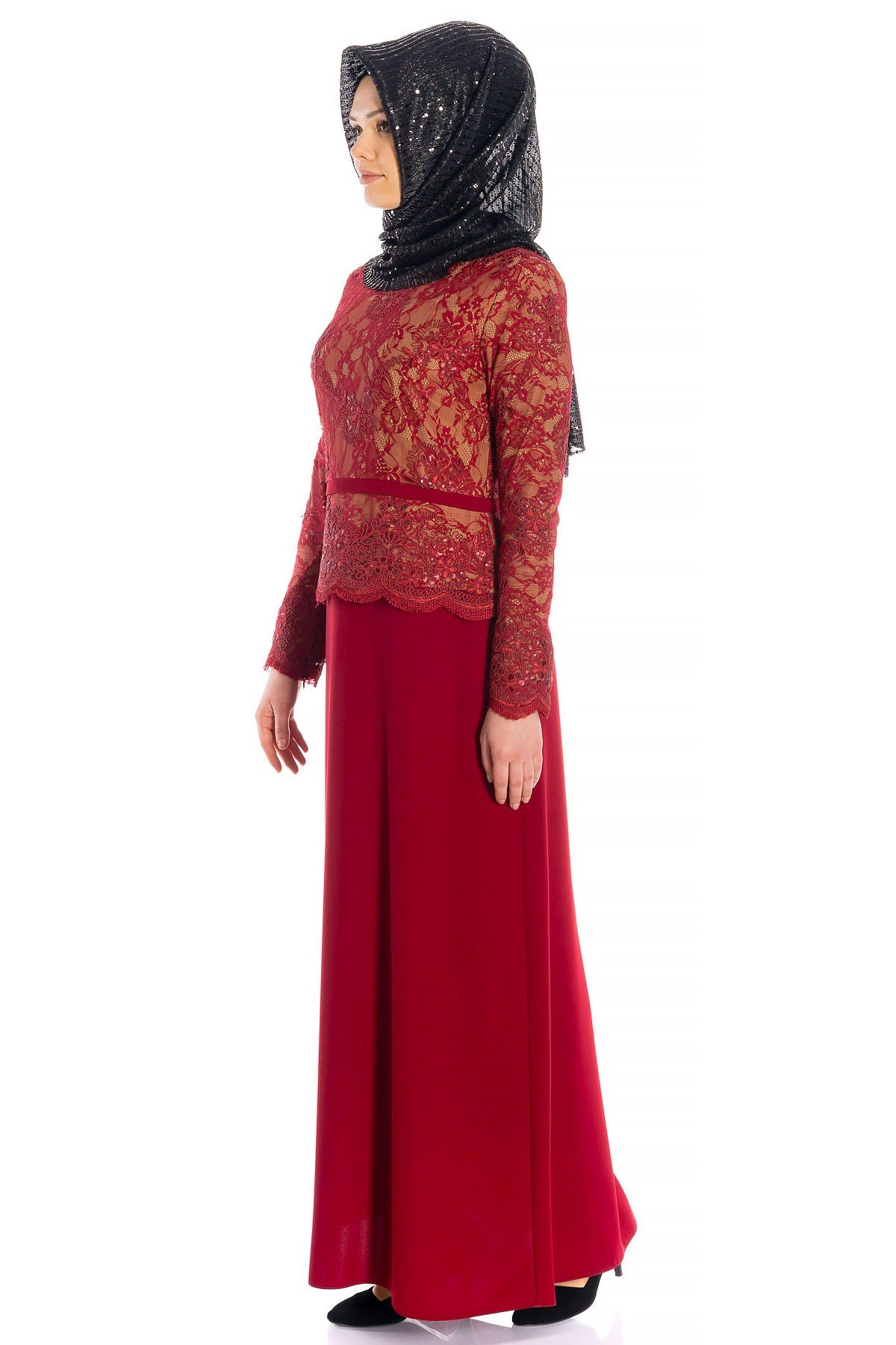 Beyza-Dantelli Kemerli Bordo Tesettür Abiye Elbise 0491