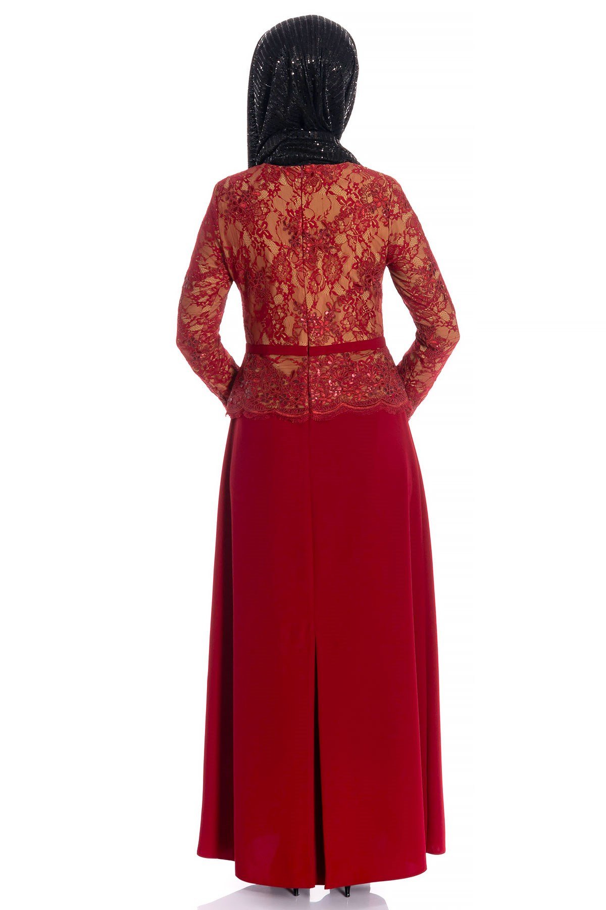Beyza-Dantelli Kemerli Bordo Tesettür Abiye Elbise 0491