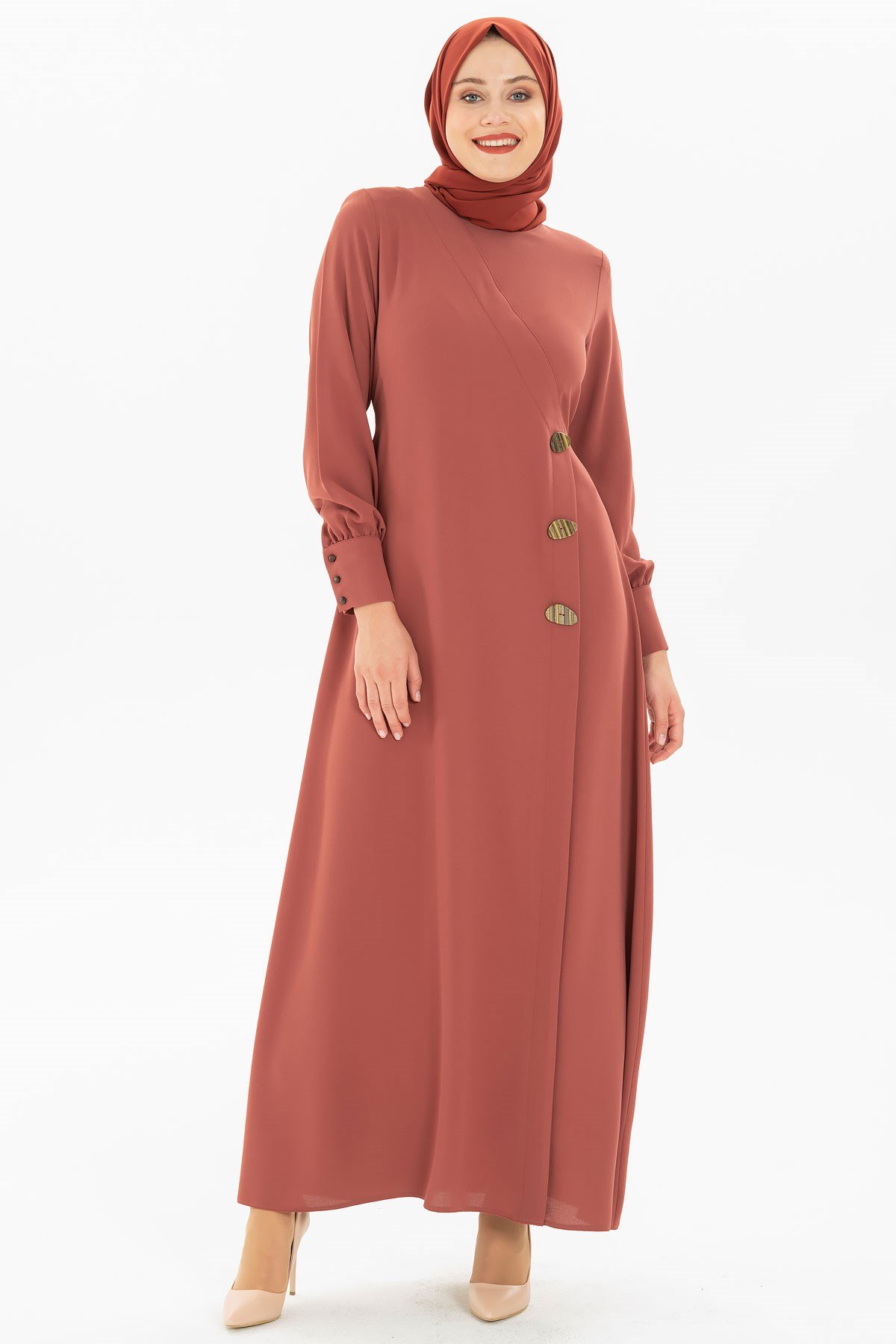 Beyza-Button Detailed Brick Color Modest Evening Dress 3M5183