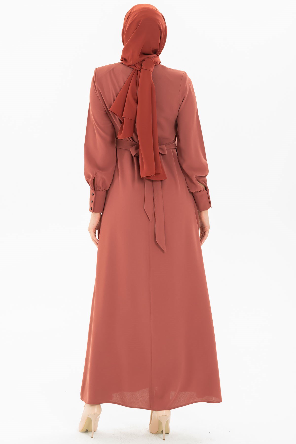 Beyza-Button Detailed Brick Color Modest Evening Dress 3M5183