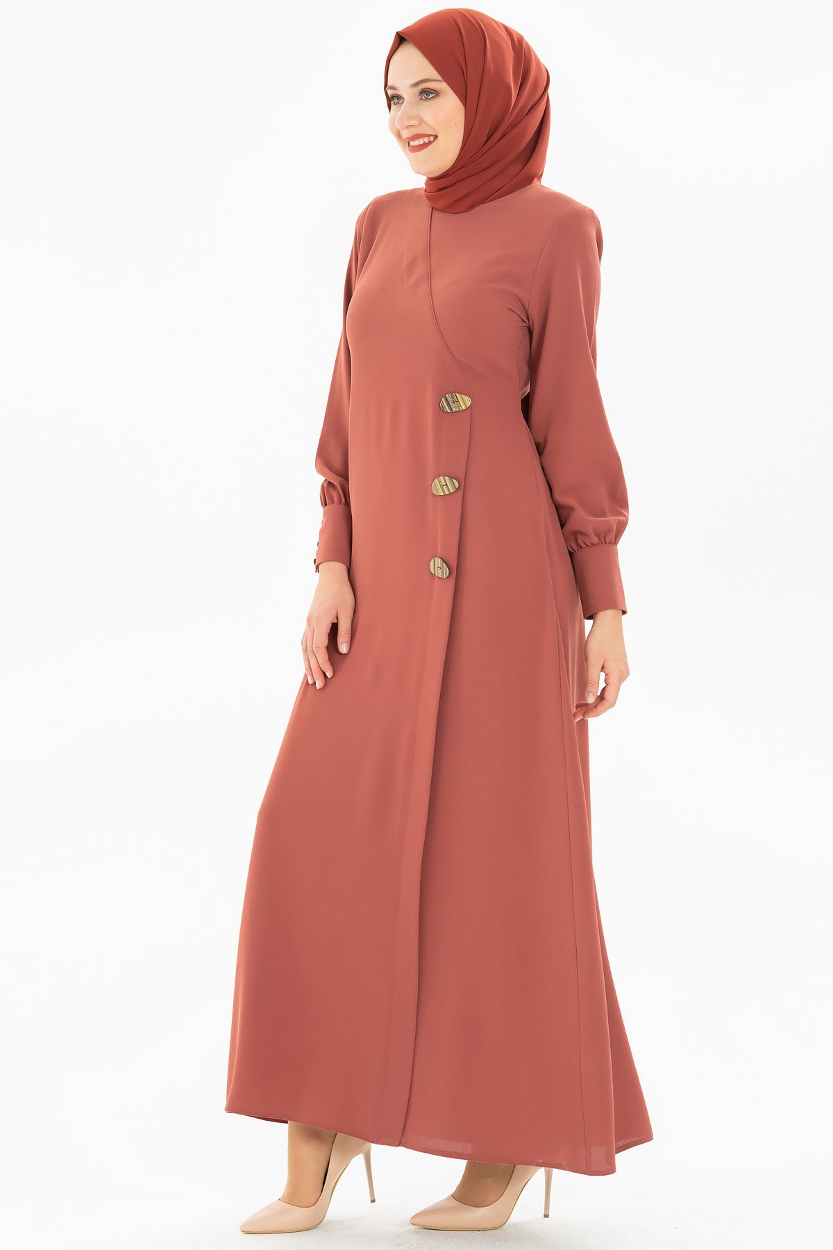 Beyza-Button Detailed Brick Color Modest Evening Dress 3M5183