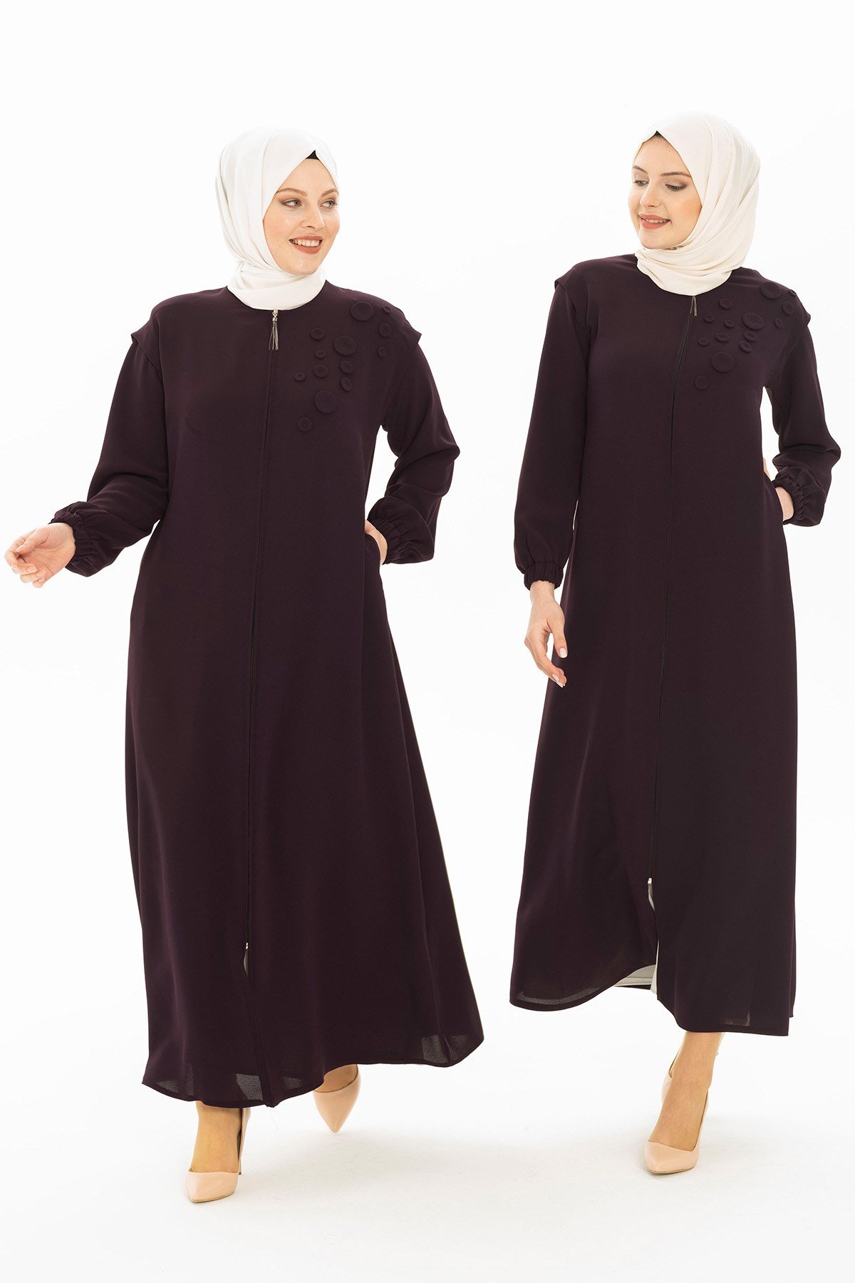 Beyza-Düğme Detaylı Mürdüm Ferace 3315