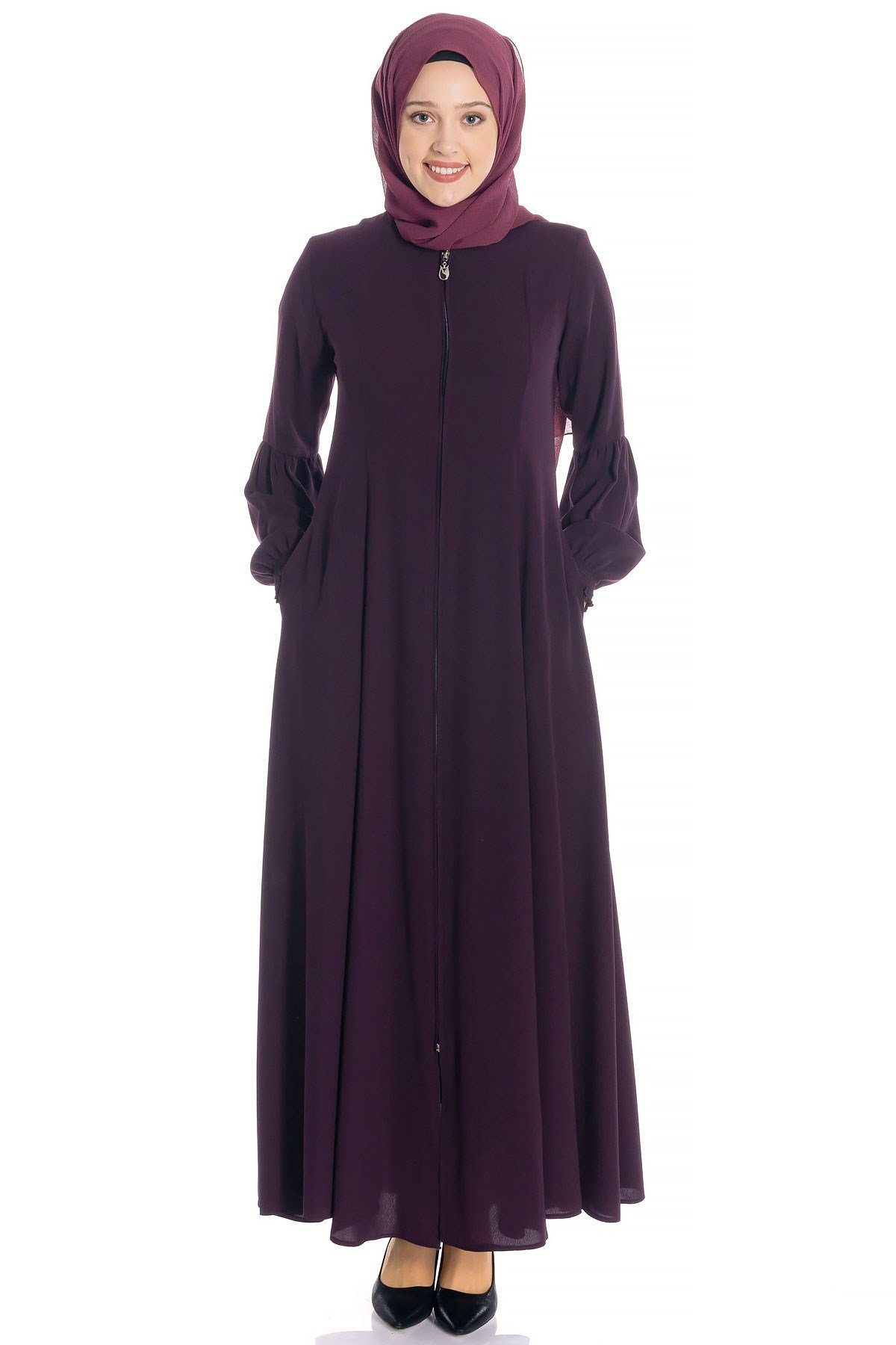 Beyza-Fermuarlı Kloş Mürdüm Ferace 668-1