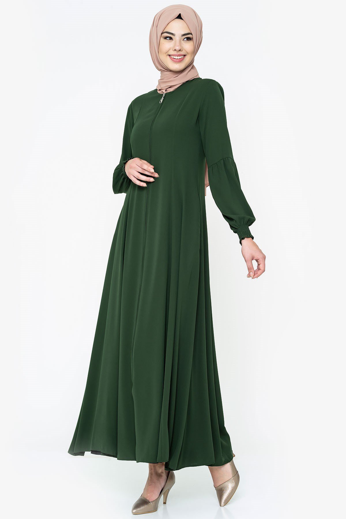 Beyza-Fermuarlı Kloş Yeşil Ferace 668-1