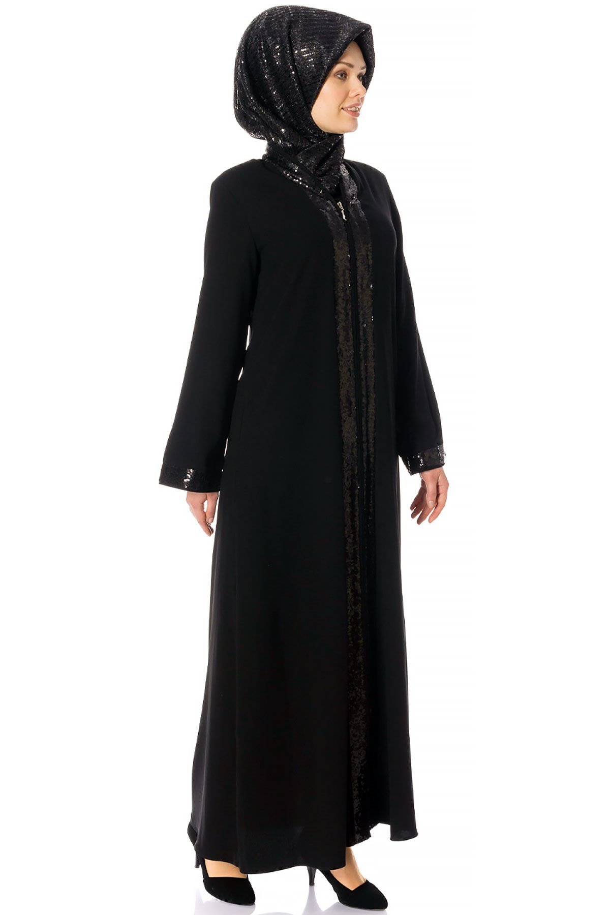 Beyza-Abaya noire à fermeture éclair et paillettes