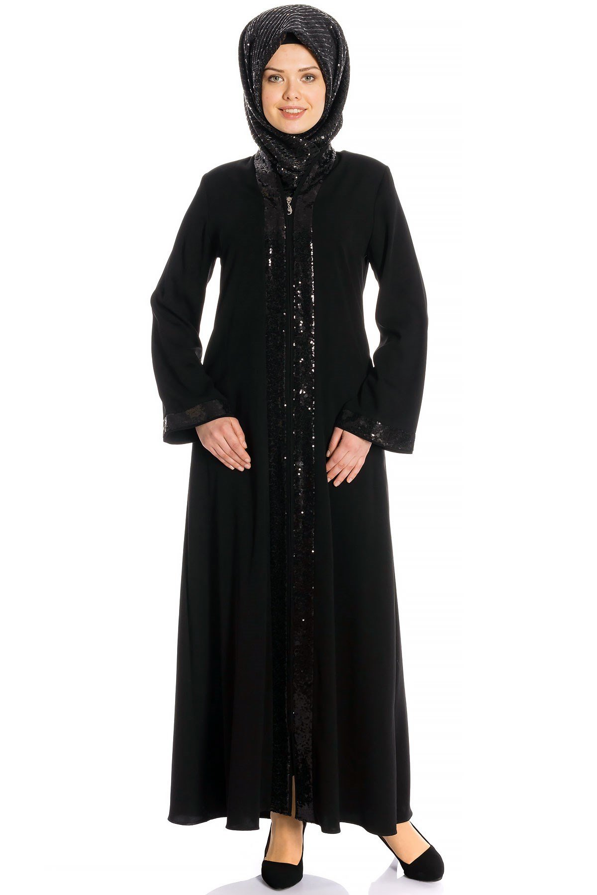 Beyza-Abaya noire à fermeture éclair et paillettes