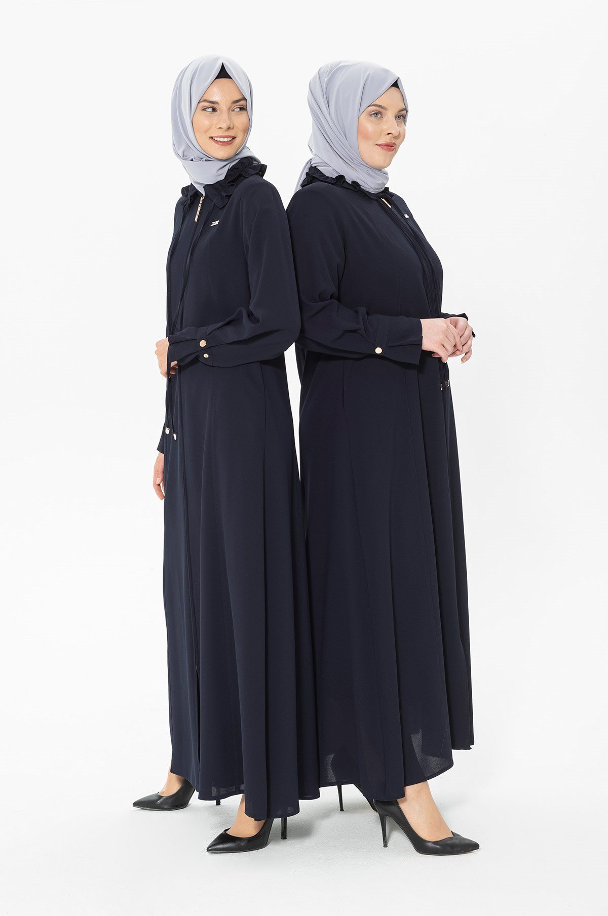 Beyza-Abaya bleu marrine avec Col de chemise à volants 3330
