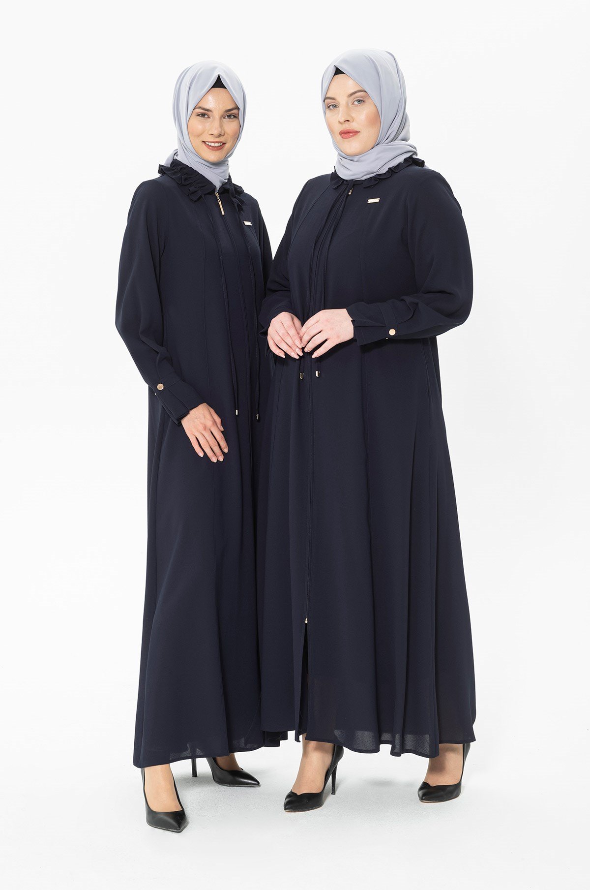 Beyza-Abaya bleu marrine avec Col de chemise à volants 3330