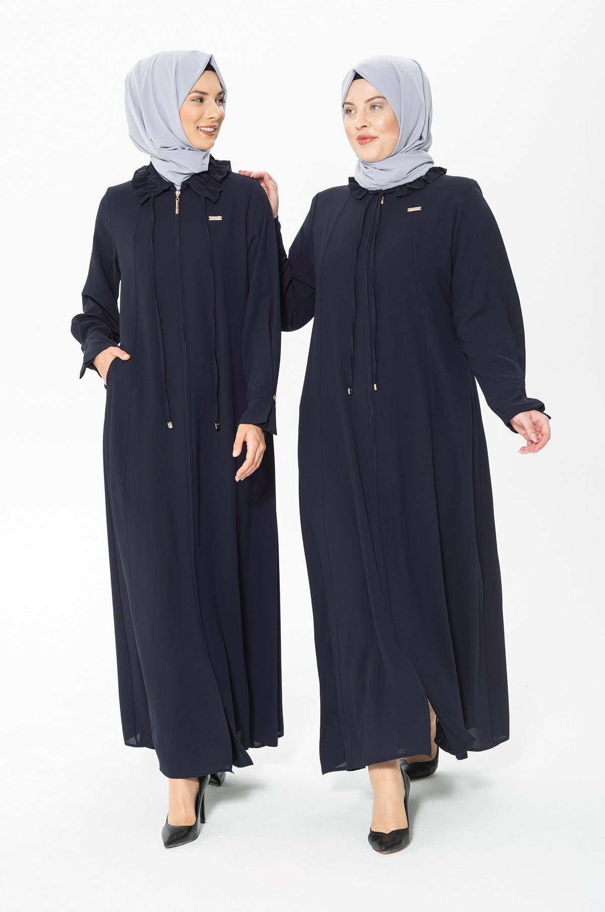 Beyza-Abaya bleu marrine avec Col de chemise à volants 3330