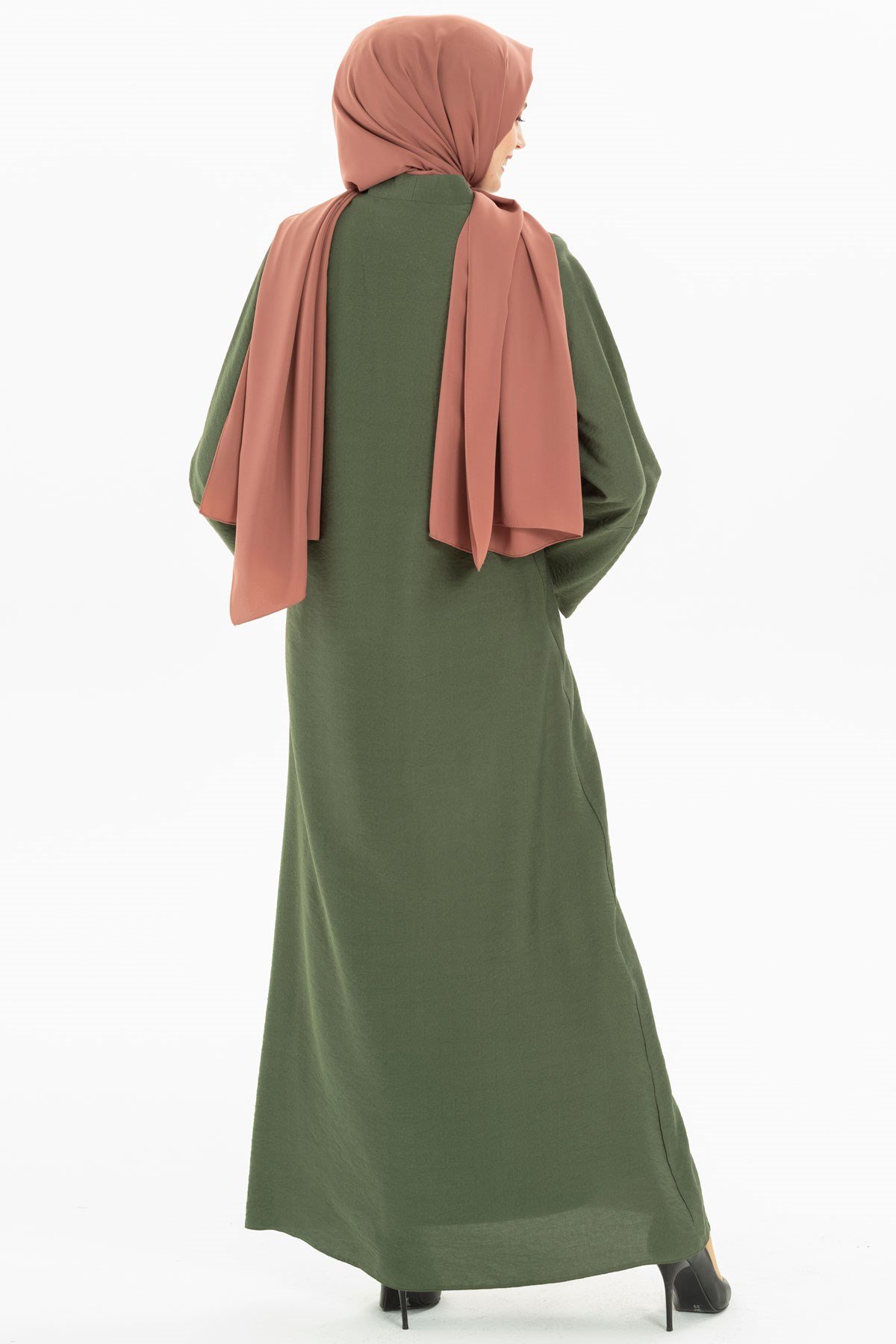 Beyza-Wide Sleeved Green Linen Abaya 3M3273