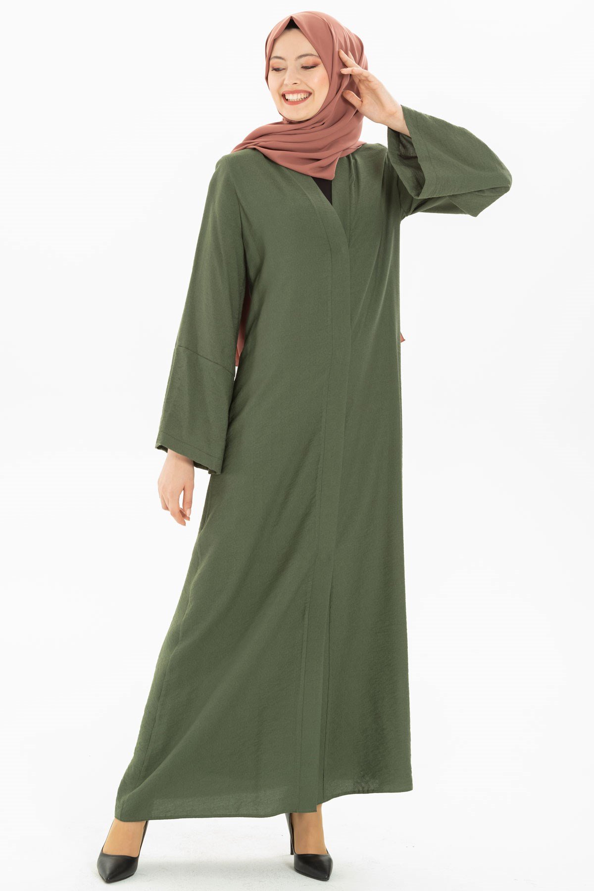 Beyza-Wide Sleeved Green Linen Abaya 3M3273
