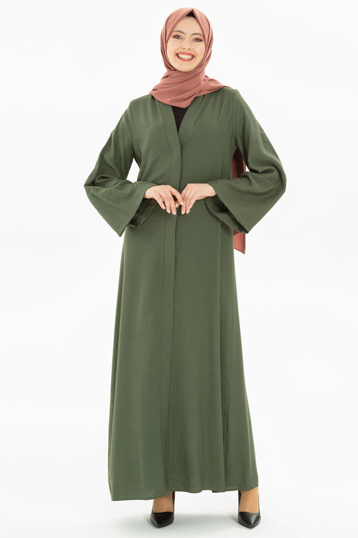 Beyza-Wide Sleeved Green Linen Abaya 3M3273