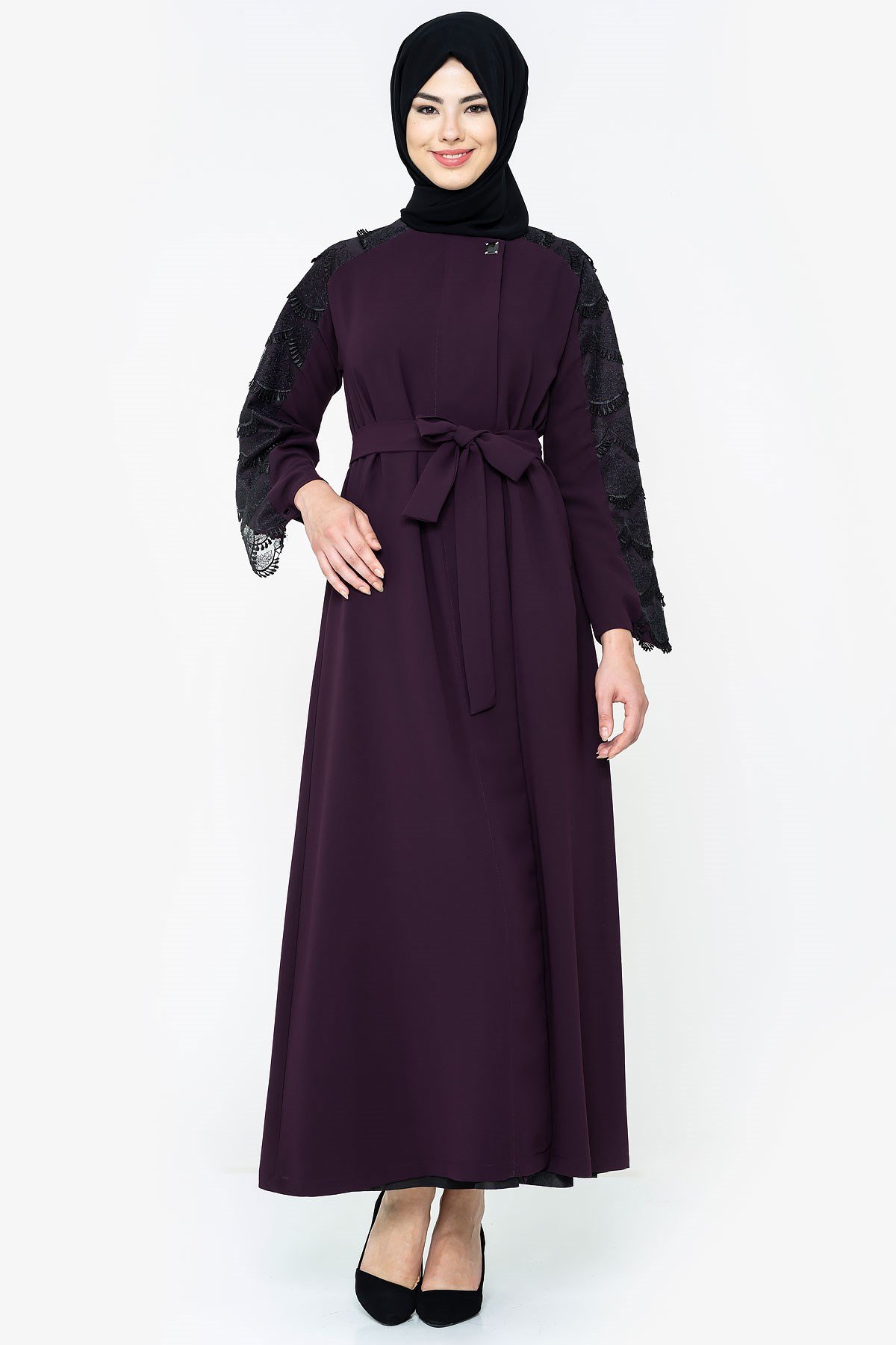 Beyza-Gizli Fermuarlı Dantelli Mürdüm Ferace