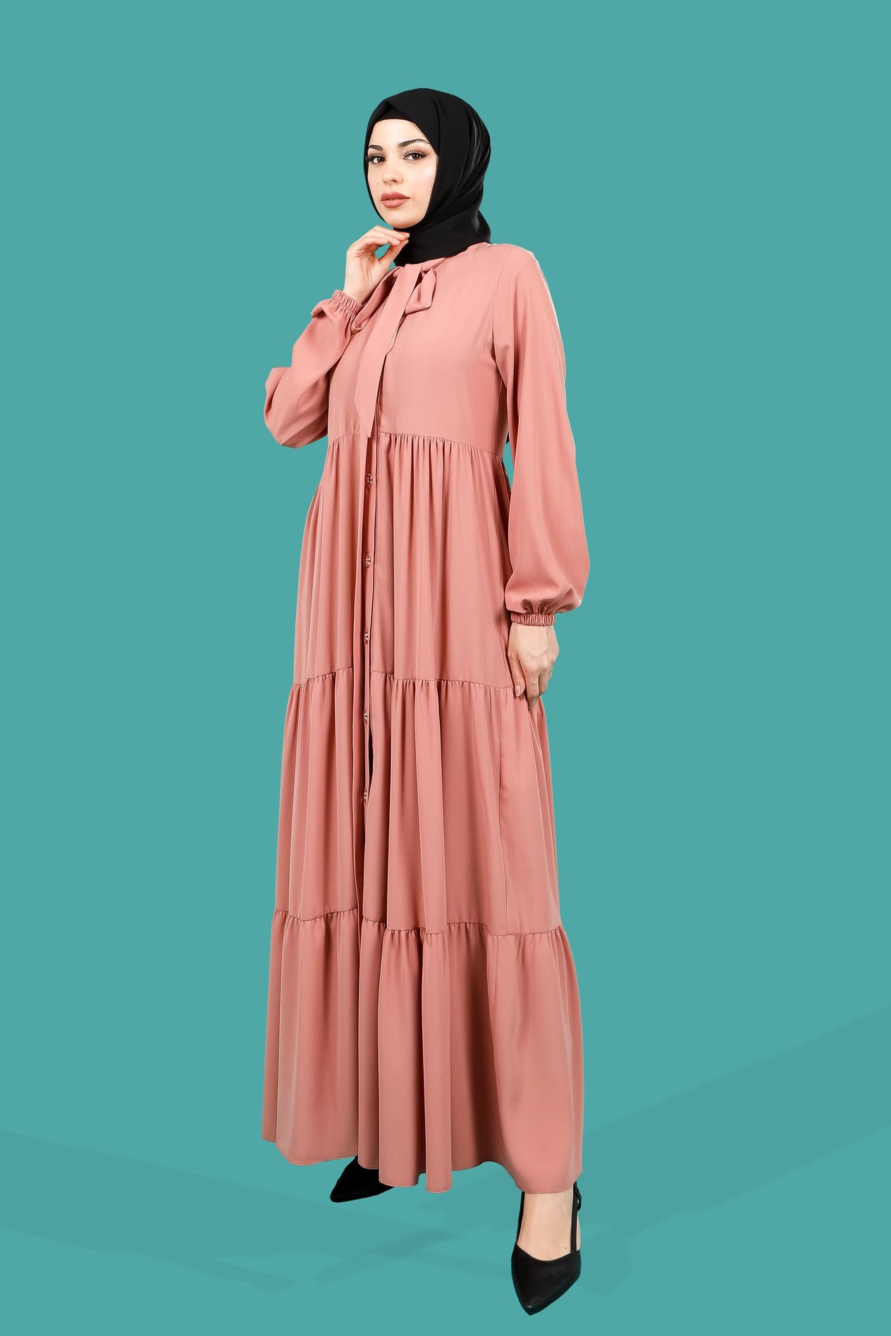 Beyza-Görele Üç Katlı Büzgülü Yakası Bağcıklı Pudra Ferace 3692