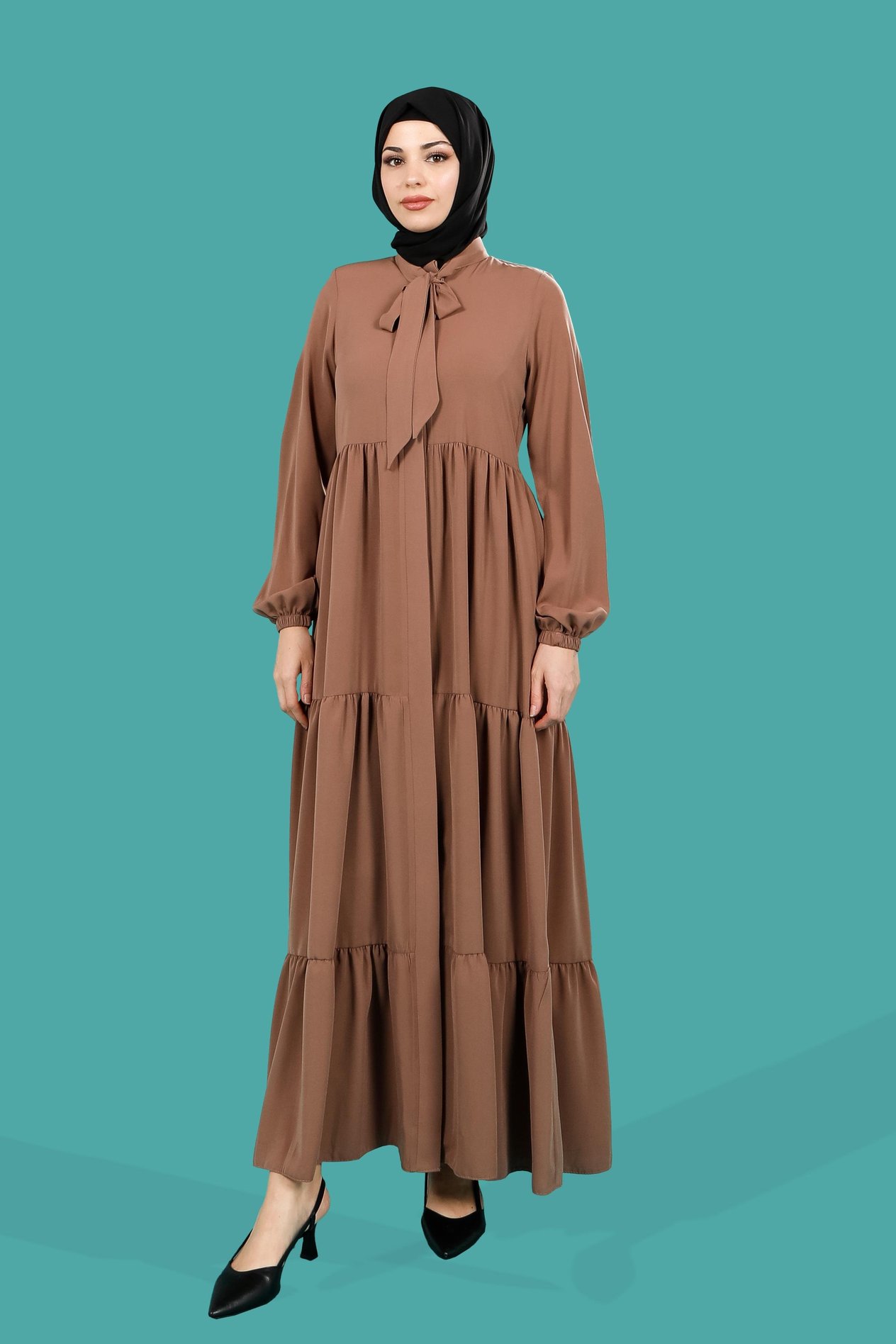 Beyza-Görele Üç Katlı Büzgülü Yakası Bağcıklı Kapuçino Ferace 3692
