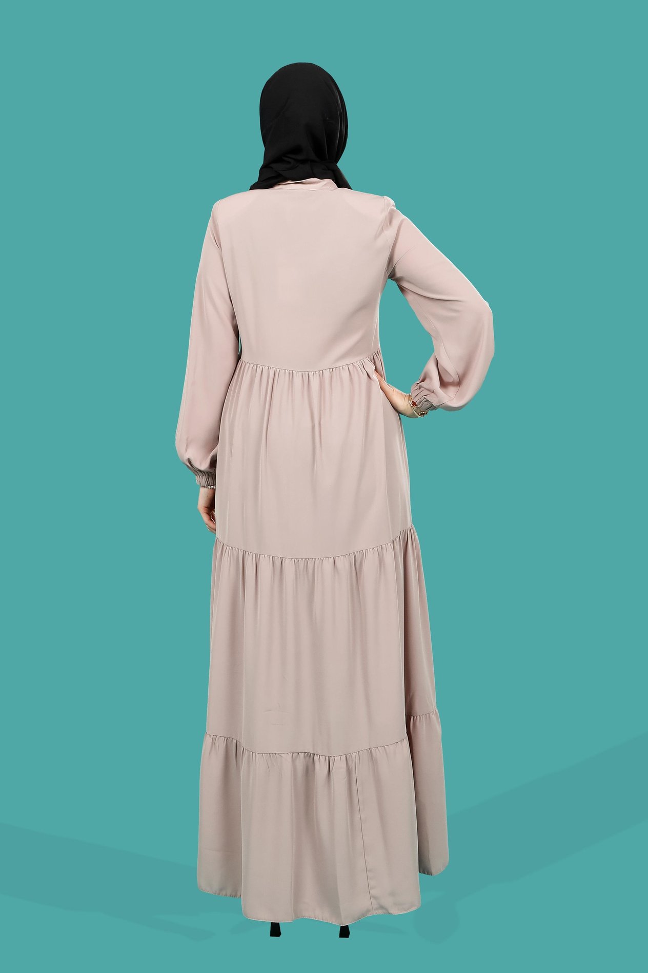 Beyza-Görele Üç Katlı Büzgülü Yakası Bağcıklı Bej Ferace 3692