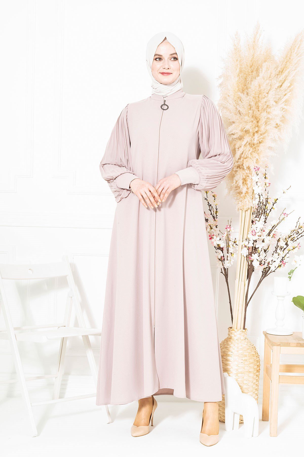 Beyza-Kolları Pilise Detaylı Fermuarlı Bej Ferace 3453