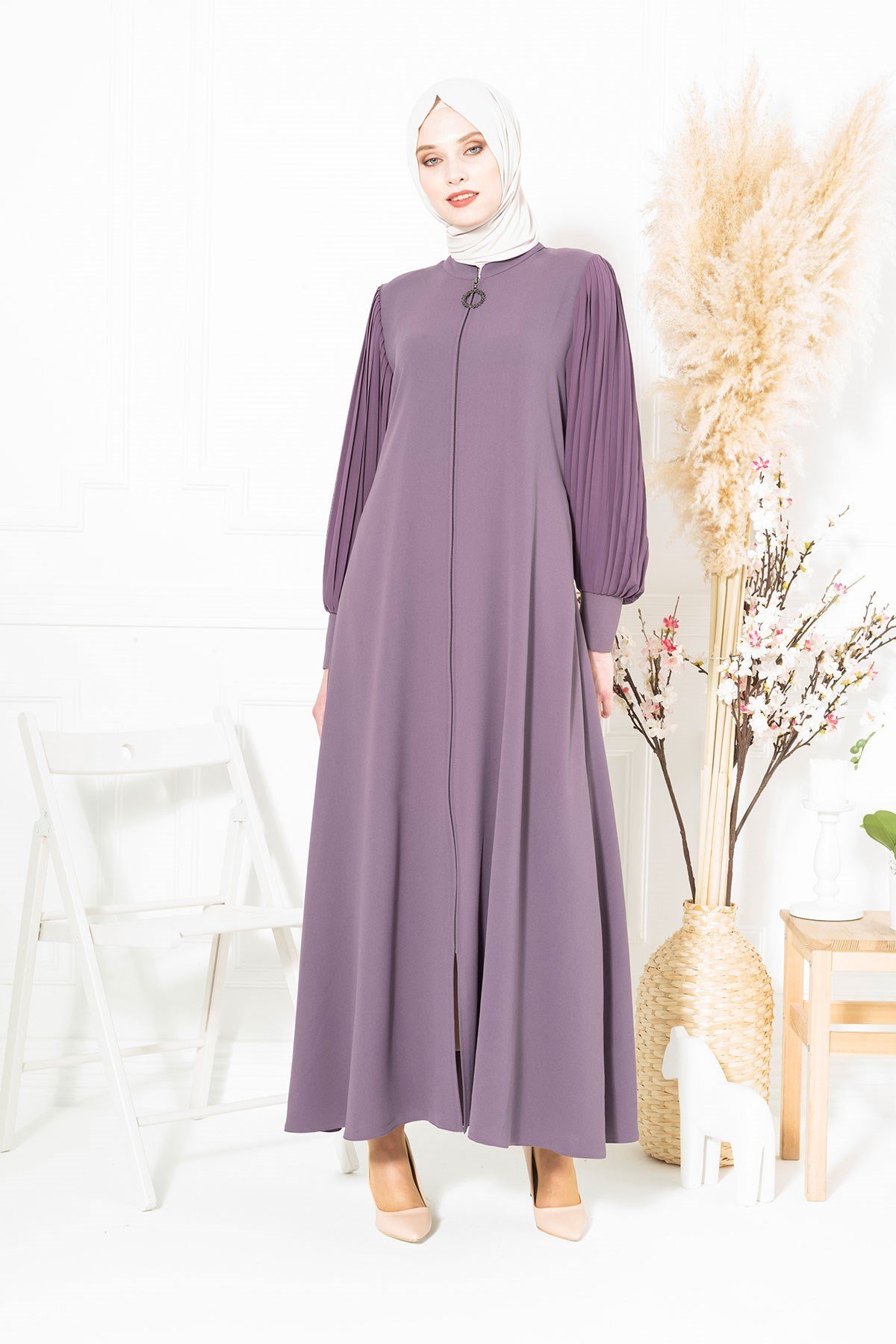 Beyza-Kolları Pilise Detaylı Fermuarlı Lila Ferace 3453