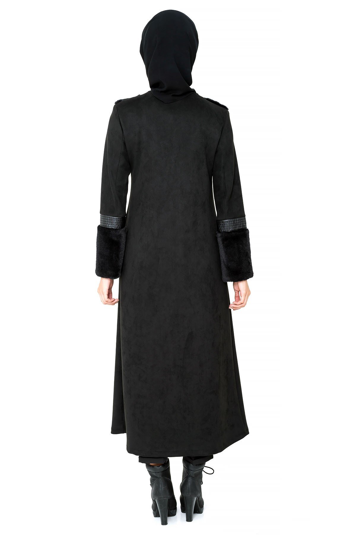 Beyza-Manteau de daim noir à fourrure
