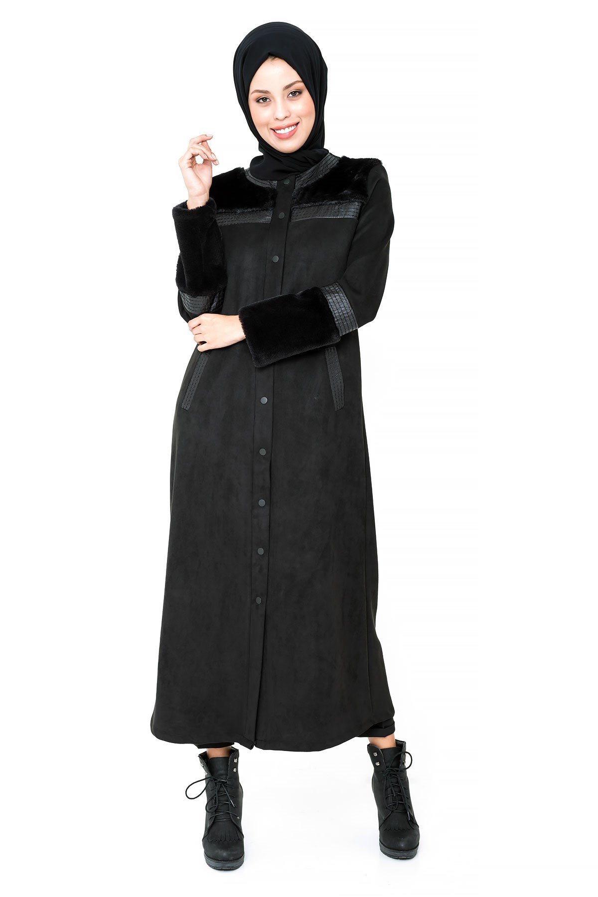 Beyza-Manteau de daim noir à fourrure