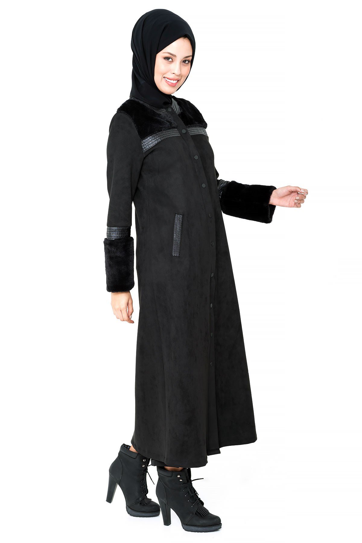 Beyza-Manteau de daim noir à fourrure