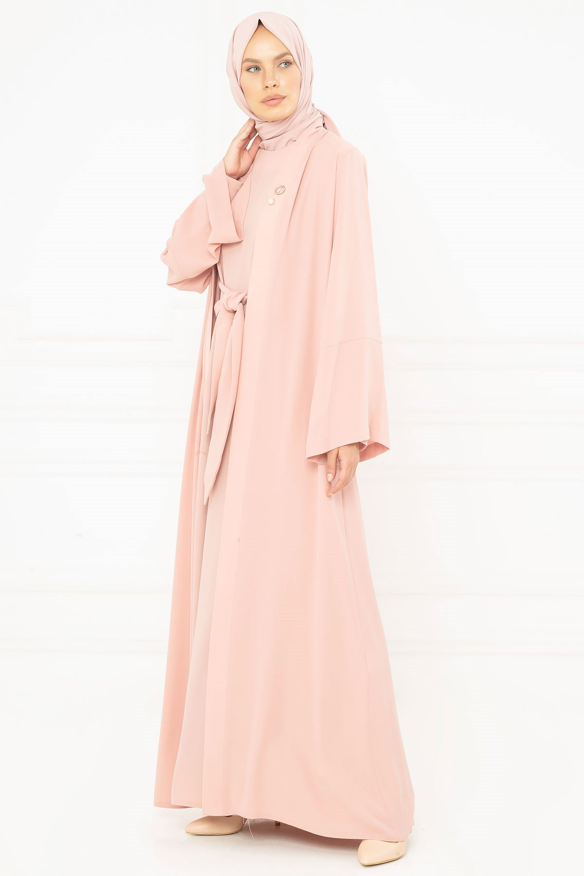 Beyza-Abaya en poudre avec ceinture 3M3249