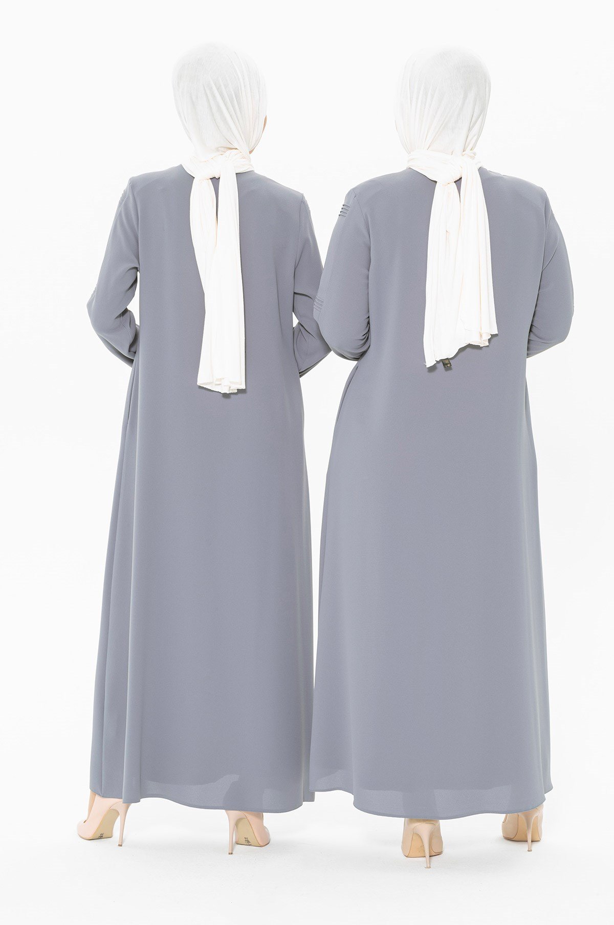 Beyza-Abaya gris détaillée côtelée 3351-2