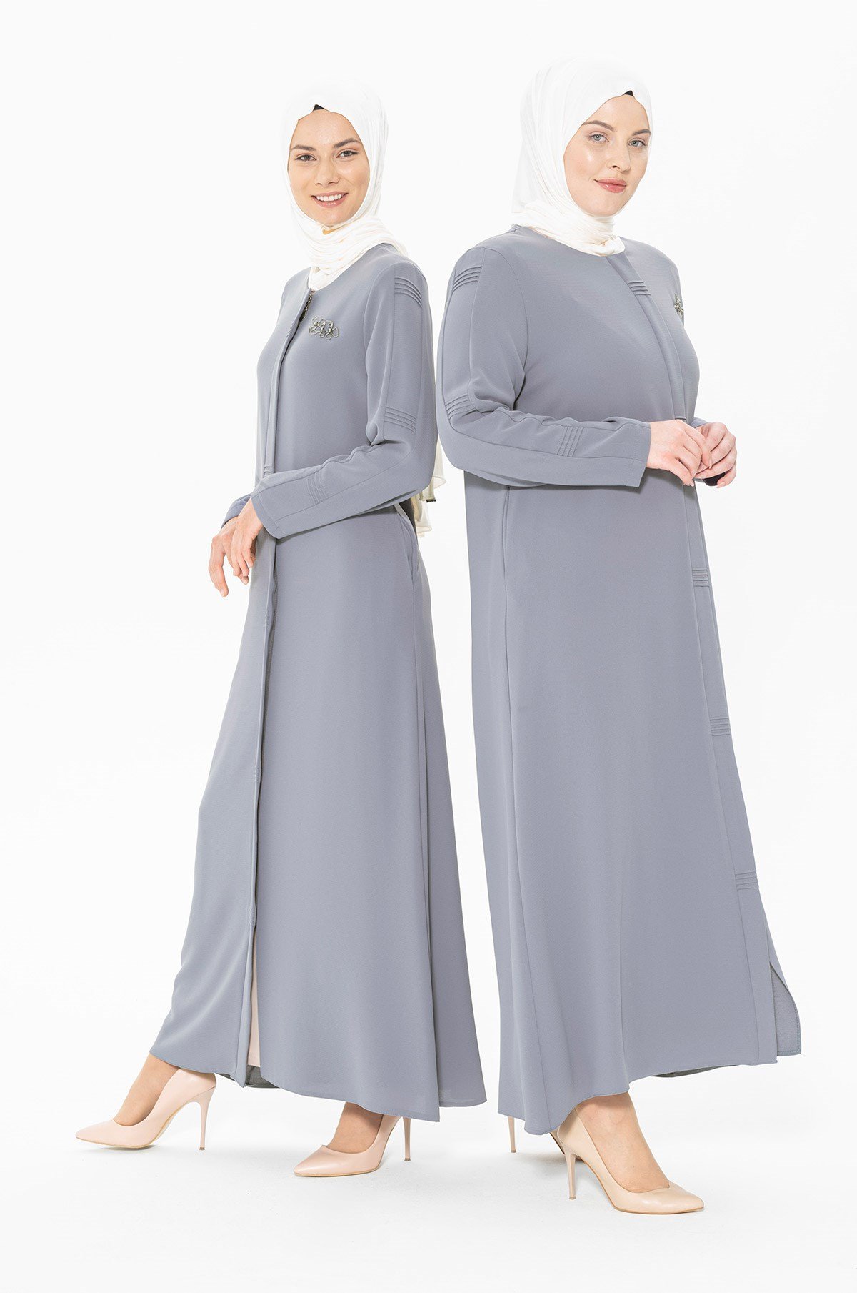 Beyza-Abaya gris détaillée côtelée 3351-2