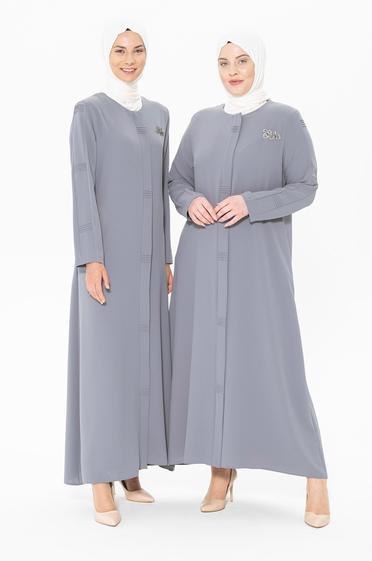 Beyza-Abaya gris détaillée côtelée 3351-2