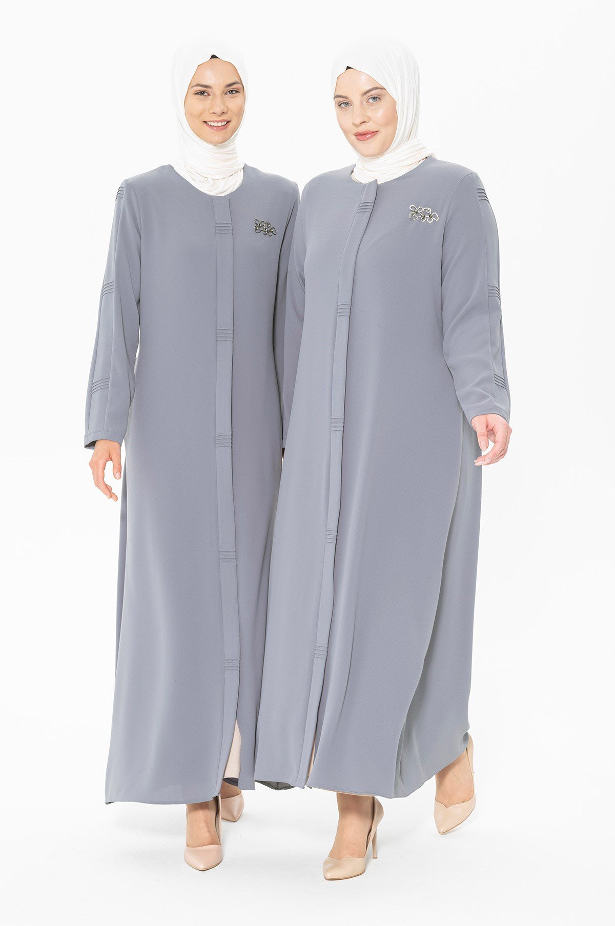 Beyza-Abaya gris détaillée côtelée 3351-2