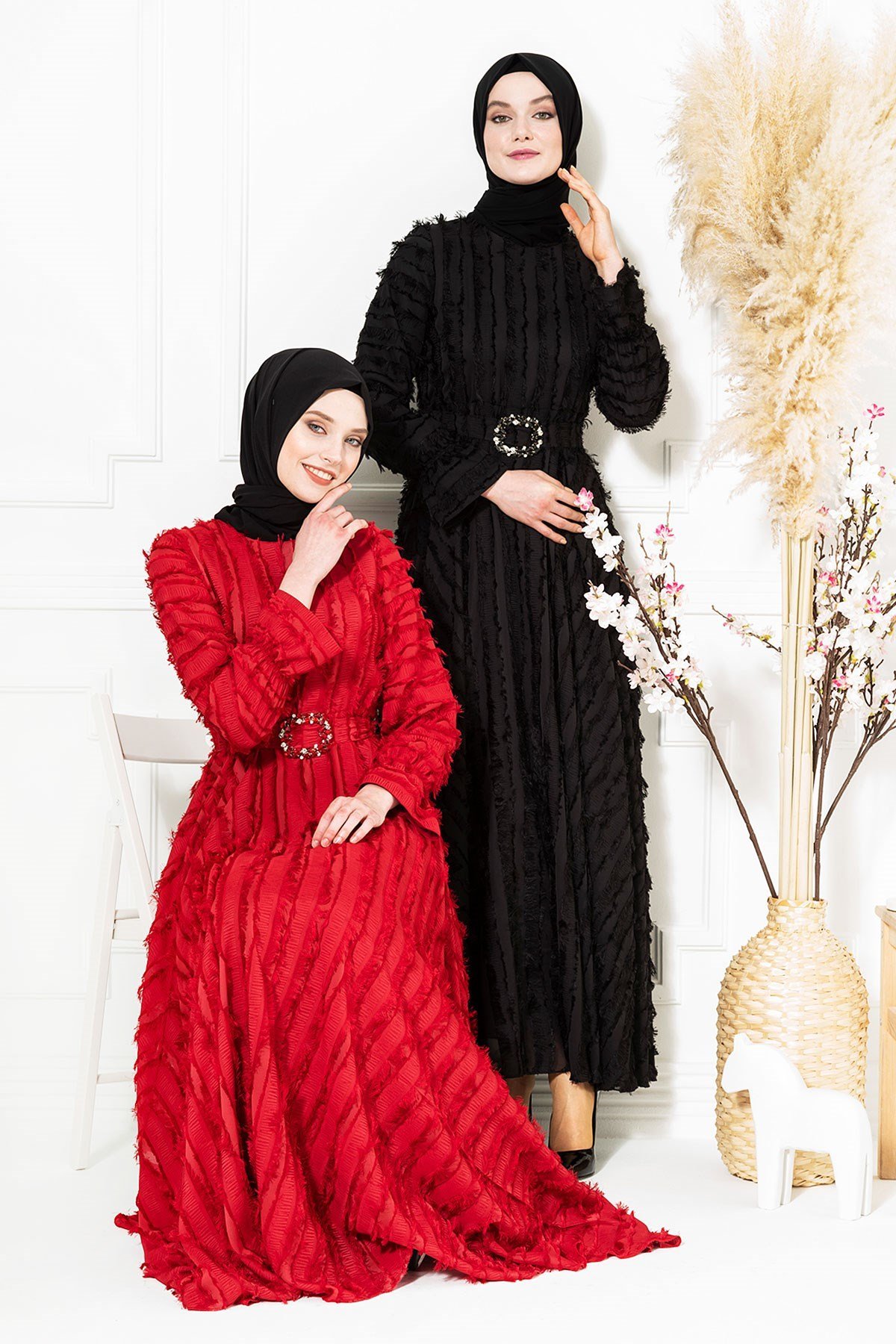 Beyza-Saçaklı Kırmızı Tesettür Abiye 5269