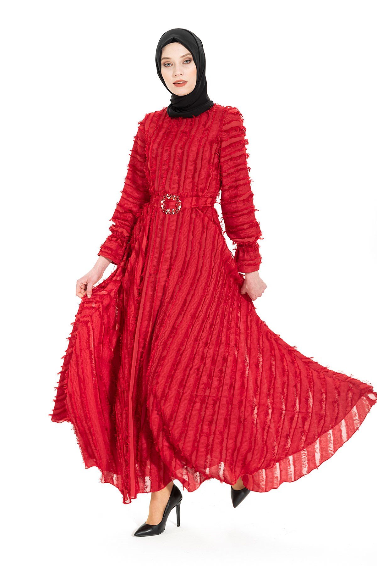 Beyza-Saçaklı Kırmızı Tesettür Abiye 5269
