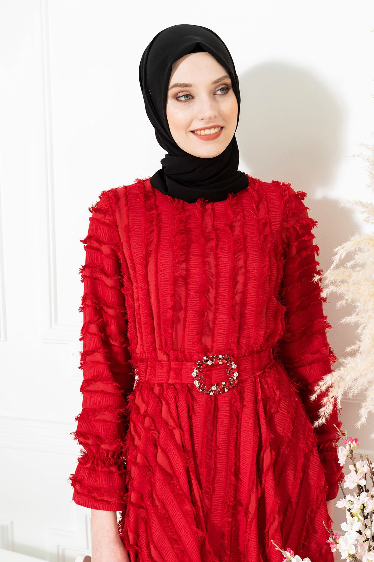 Beyza-Saçaklı Kırmızı Tesettür Abiye 5269