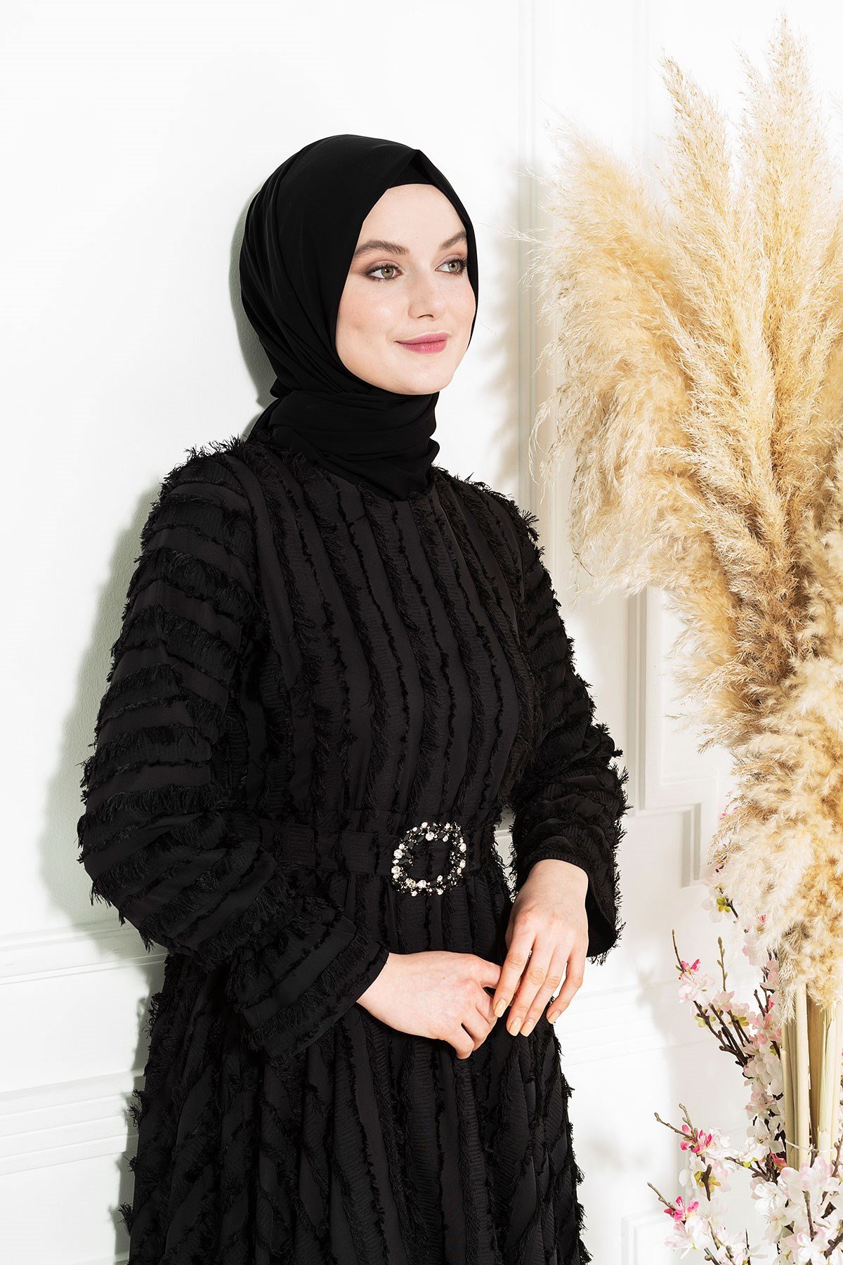 Beyza-Saçaklı Siyah Tesettür Abiye 5269
