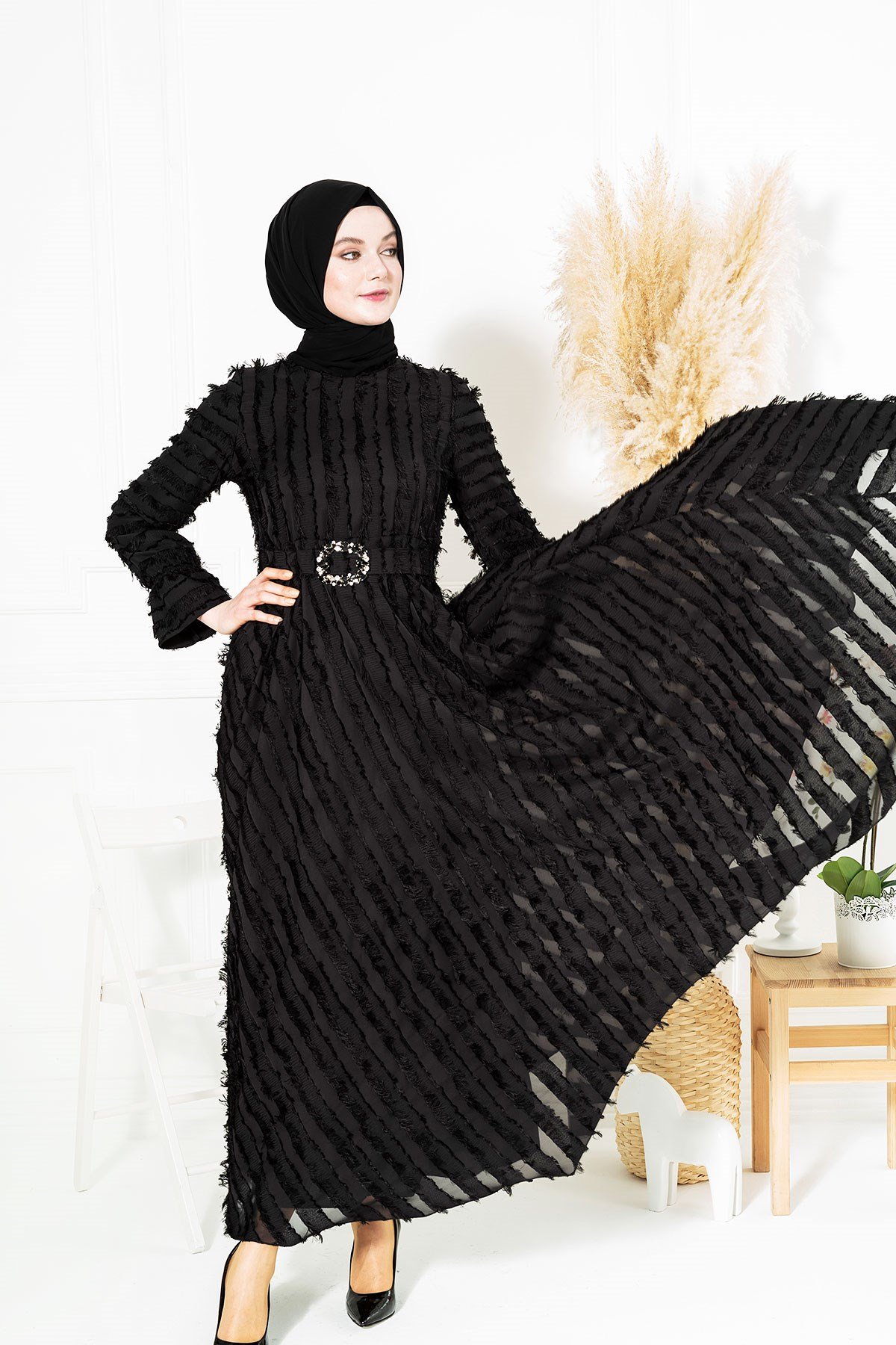 Beyza-Saçaklı Siyah Tesettür Abiye 5269