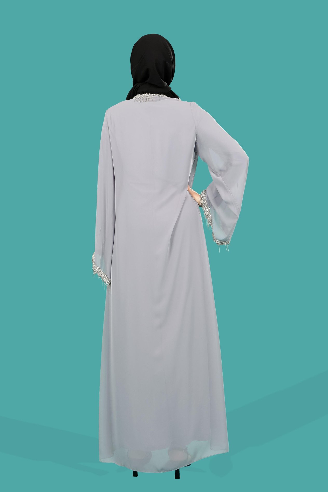 Beyza-Şakira Yakası Yapışkan Taşlı Şifon Yelekli  Tesettür Gri Abaya 3534