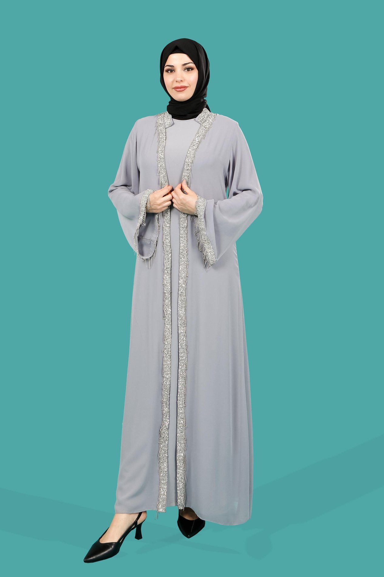 Beyza-Şakira Yakası Yapışkan Taşlı Şifon Yelekli  Tesettür Gri Abaya 3534