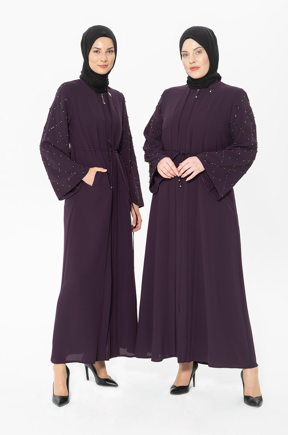 Beyza-Taş İşlemeli Beli Bağıcıklı  Mürdüm Ferace 3362