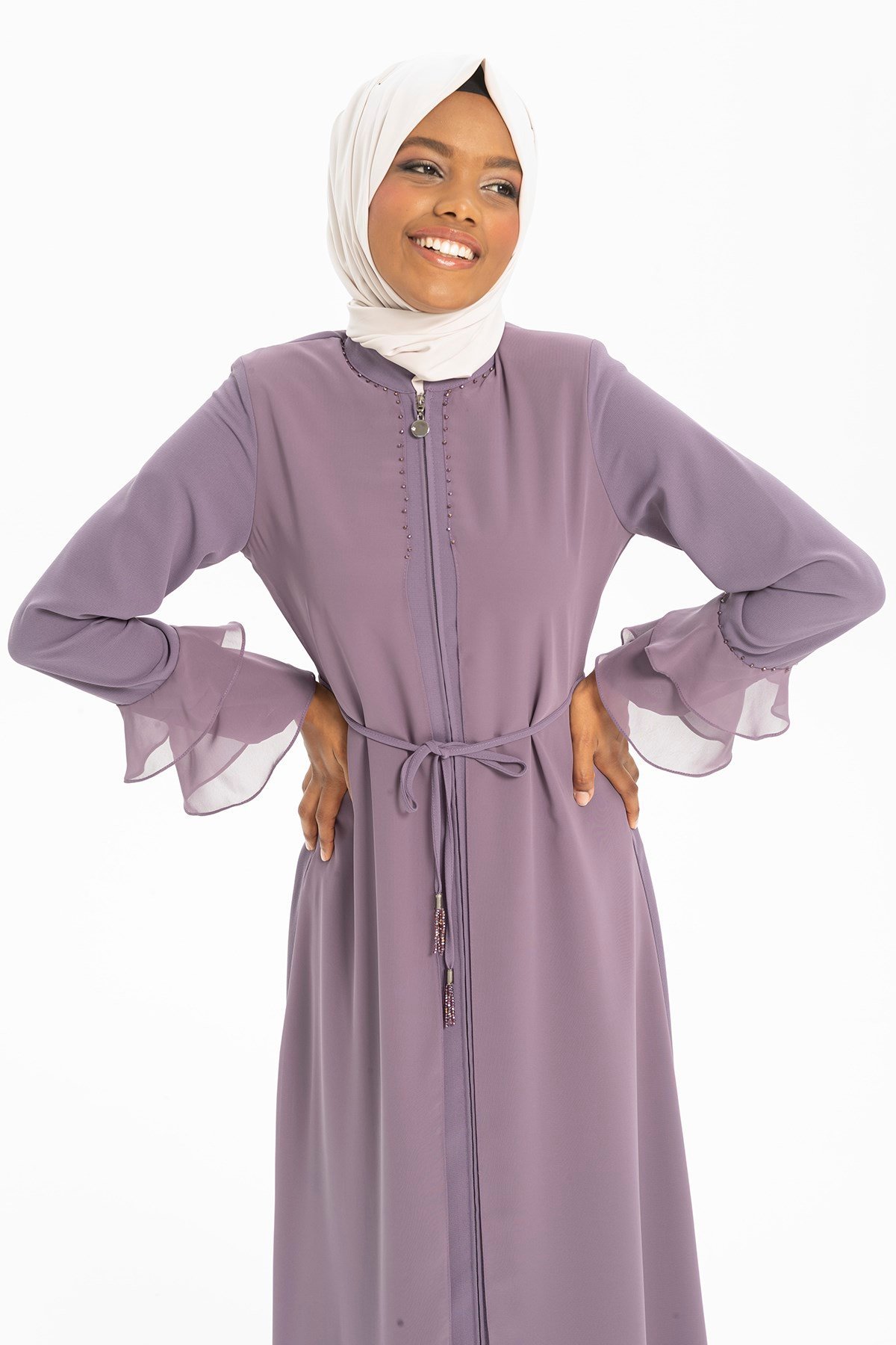 Beyza-Taş İşlemeli Şifon Lila Ferace 3539