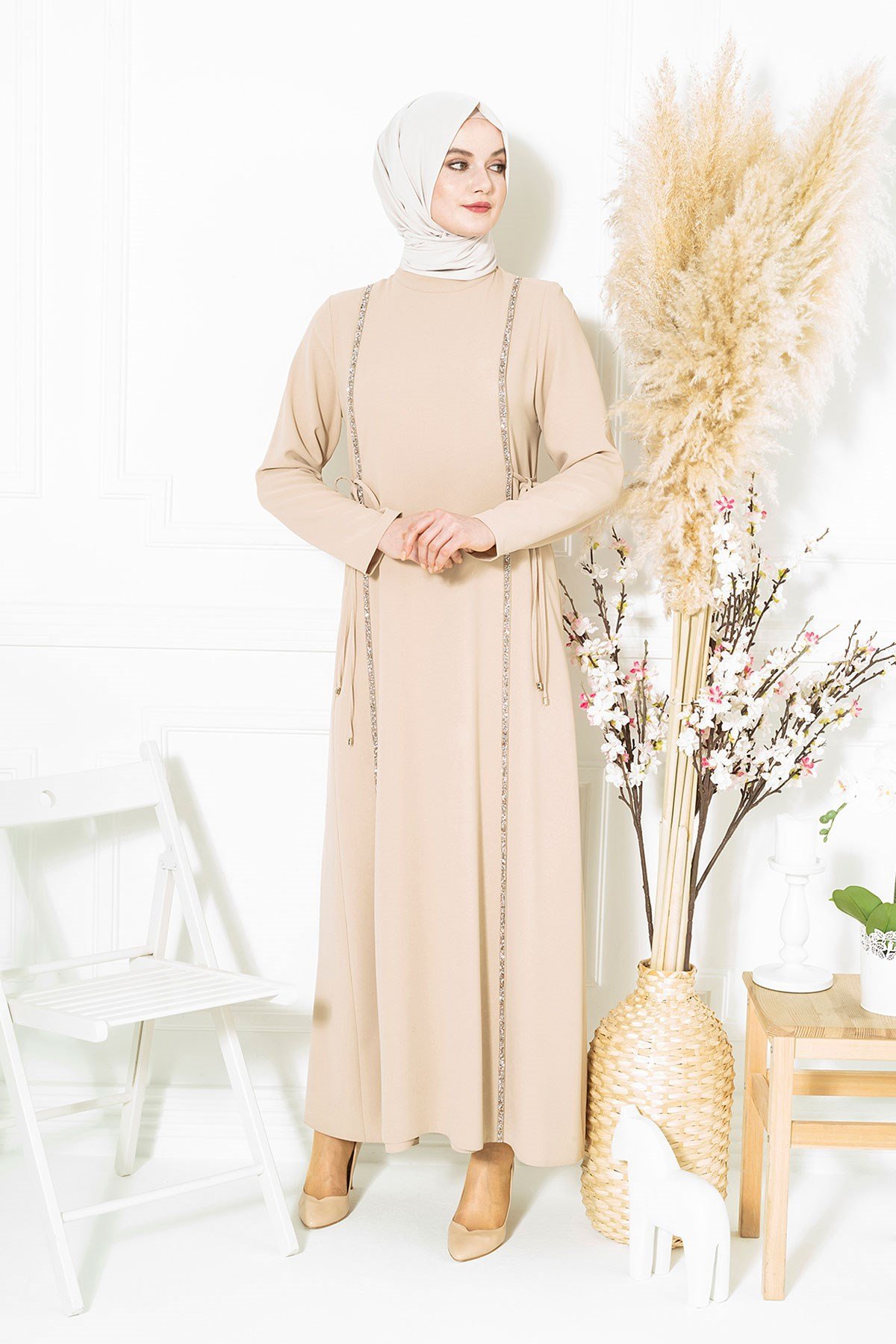 Beyza-Taş Şeritli Bej Tesettür Elbise 5288