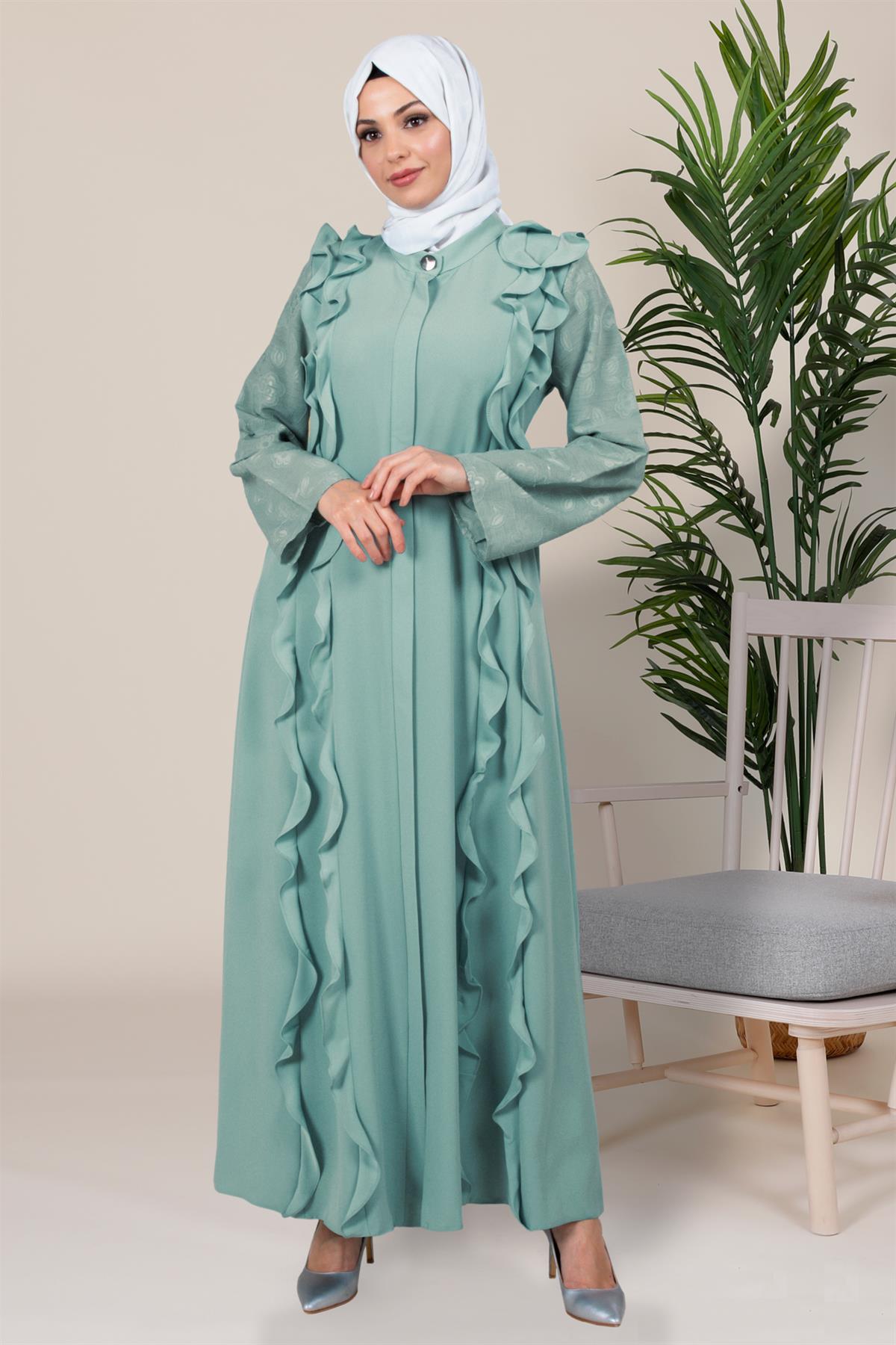 Beyza-Volan Detaylı Kolları Dantel Mint Ferace 3711