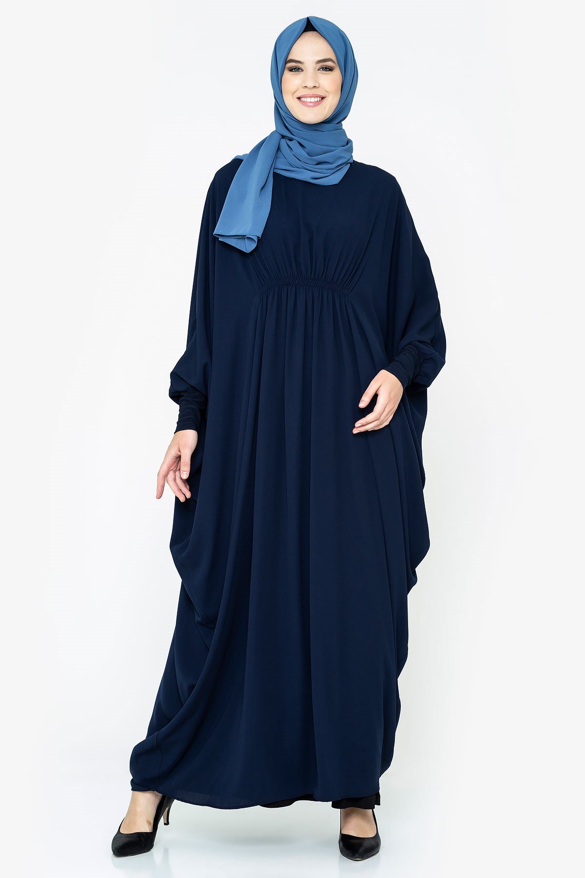 Beyza-Yarasa Kol Lacivert Tesettür Elbise 683-1
