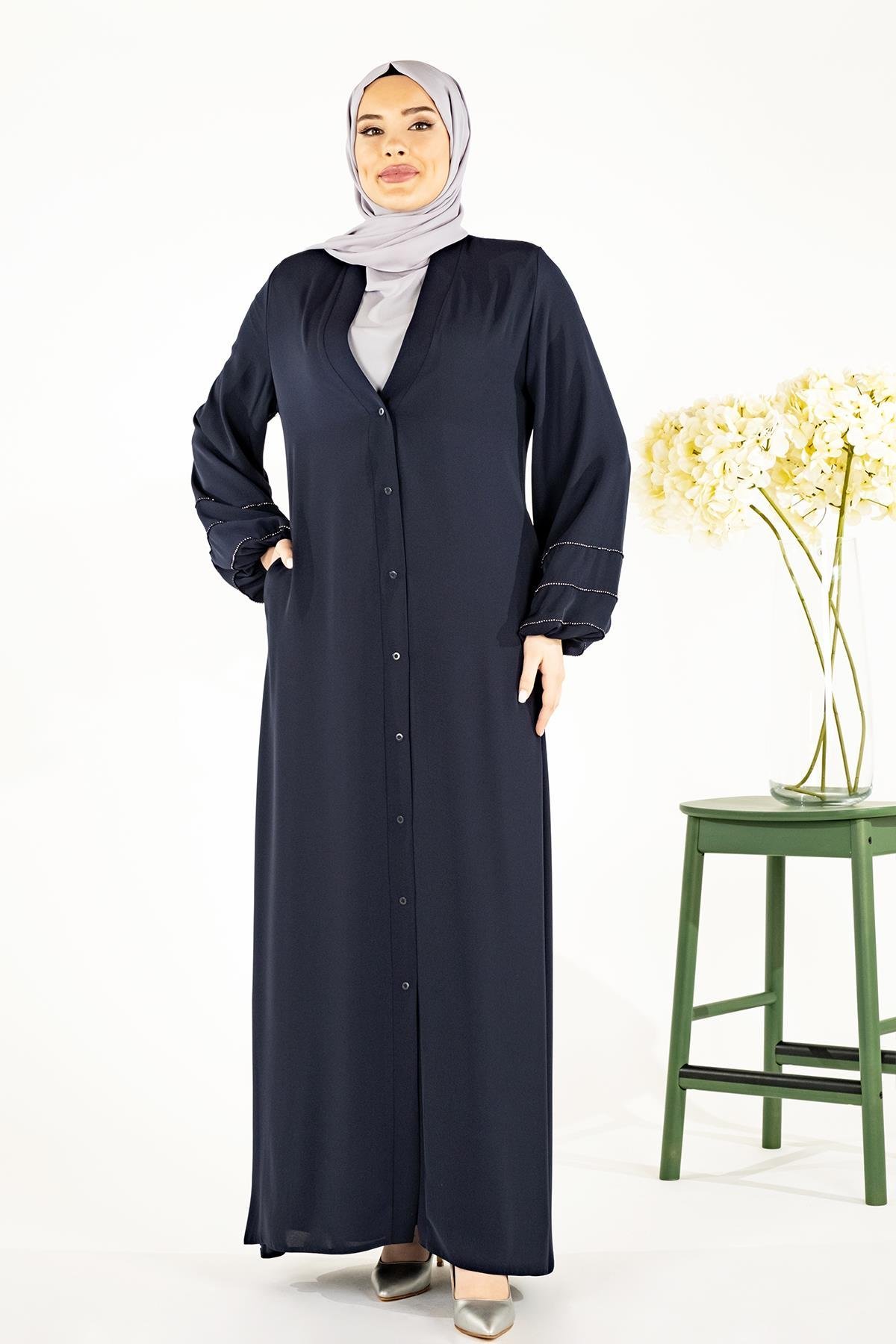 Beyza-V Yaka Kolları Şerit Taş Detaylı Lacivert Tesettür Abaya 3429