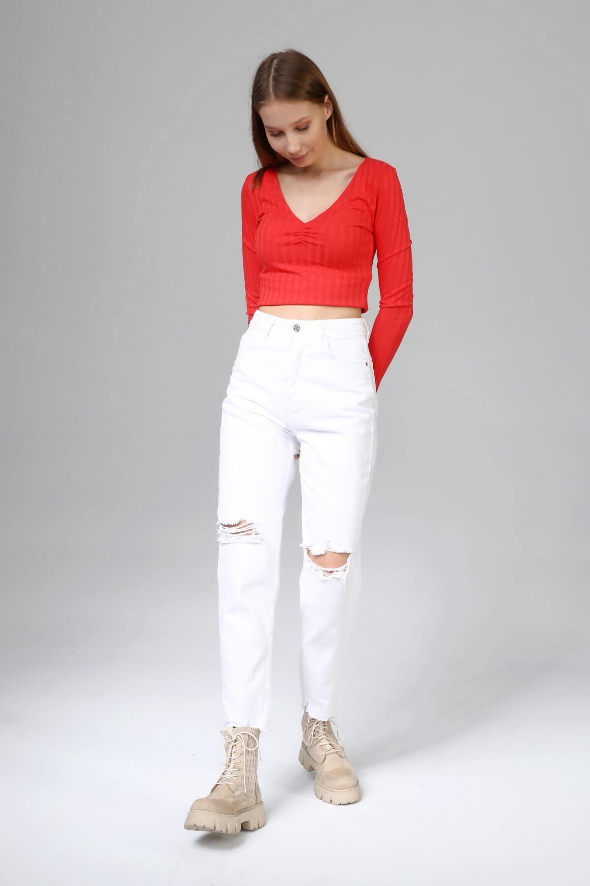 Beyaz Distressed Mom Jean Pantolon 