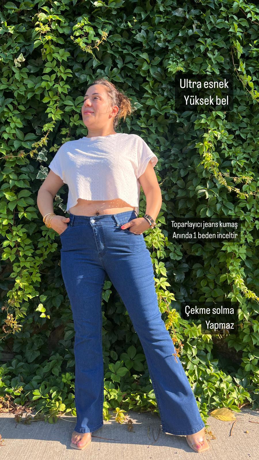 Büyük Beden Yüksek Bel Esnek İspanyol Paça Pantolon