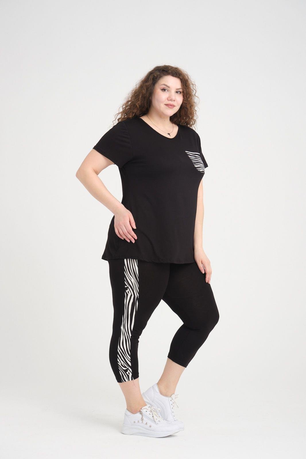 Büyük Beden Zebra Şeritli Tayt&Bluz Örme Takım